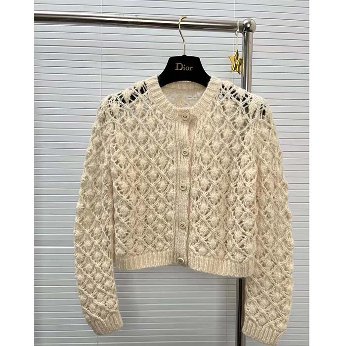 Dior Women CD Twin-Set Ecru Cashmere Silk Mohair Knit Cashmere Silk