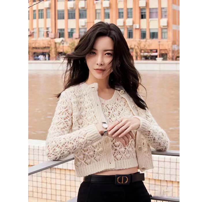 Dior Women CD Twin-Set Ecru Cashmere Silk Mohair Knit Cashmere Silk