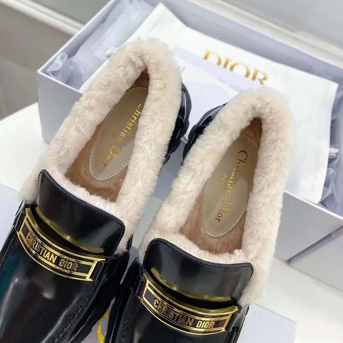 Dior Women Shoes CD Dior Code Loafer Black Brushed Calfskin White Shearling