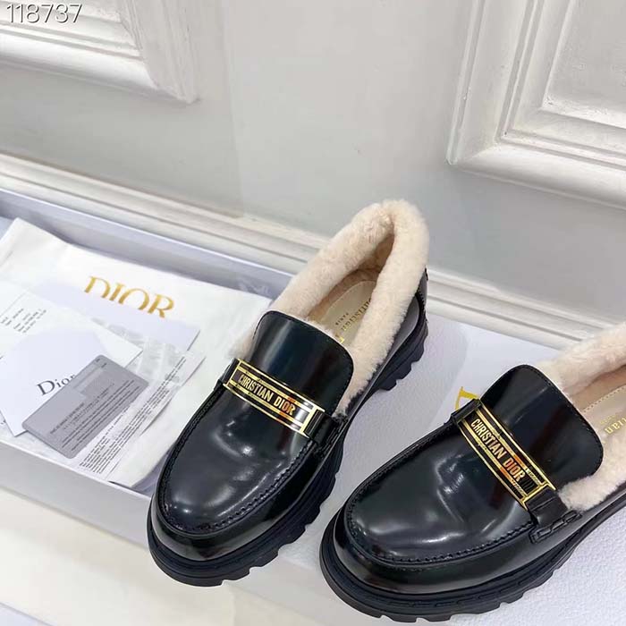Dior Women Shoes CD Dior Code Loafer Black Brushed Calfskin White Shearling