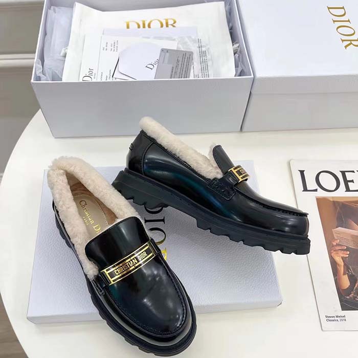 Dior Women Shoes CD Dior Code Loafer Black Brushed Calfskin White Shearling