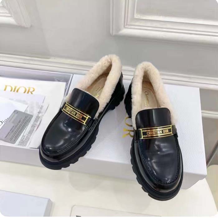 Dior Women Shoes CD Dior Code Loafer Black Brushed Calfskin White Shearling