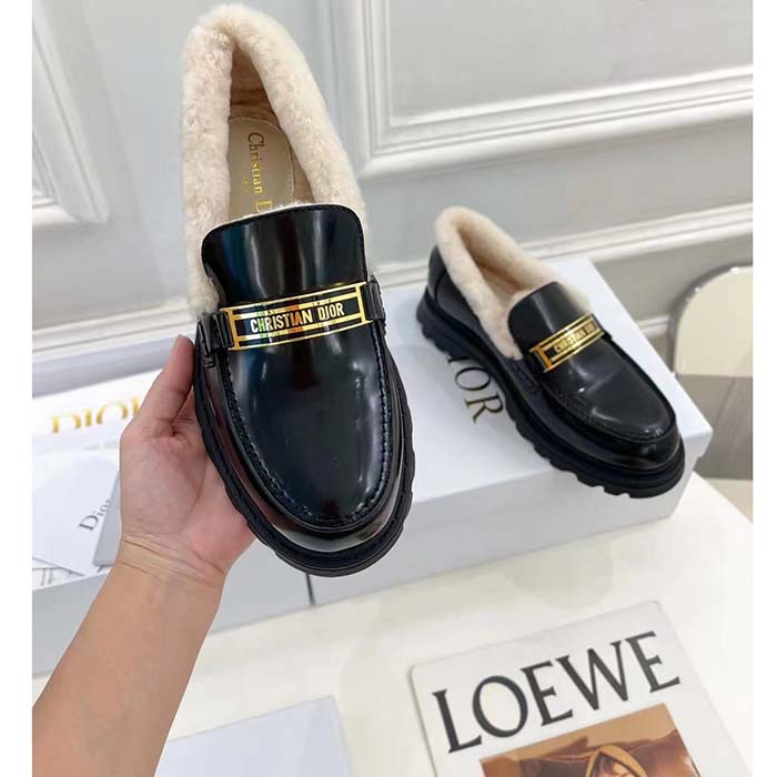Dior Women Shoes CD Dior Code Loafer Black Brushed Calfskin White Shearling