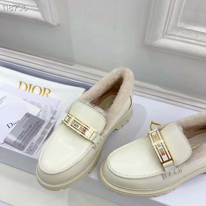 Dior Women Shoes CD Dior Code Loafer White Brushed Calfskin White Shearling