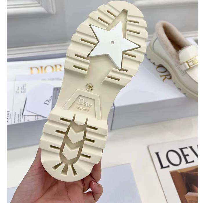 Dior Women Shoes CD Dior Code Loafer White Brushed Calfskin White Shearling