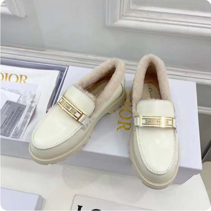 Dior Women Shoes CD Dior Code Loafer White Brushed Calfskin White Shearling