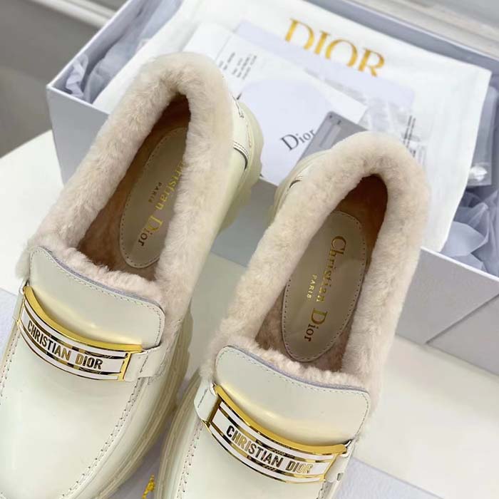 Dior Women Shoes CD Dior Code Loafer White Brushed Calfskin White Shearling