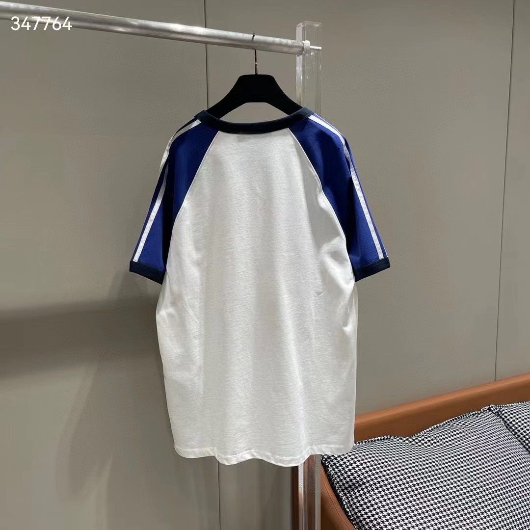 Gucci Women GG Adidas x Gucci Cotton Jersey T-Shirt Ivory Blue Trefoil Print Raglan Sleeves Crewneck