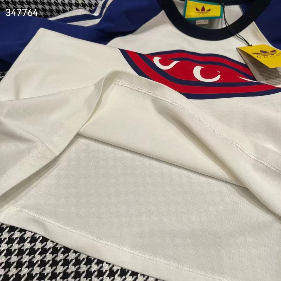 Gucci Women GG Adidas x Gucci Cotton Jersey T-Shirt Ivory Blue Trefoil Print Raglan Sleeves Crewneck