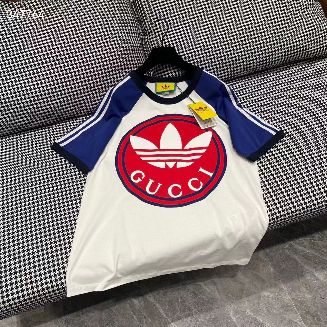 Gucci Women GG Adidas x Gucci Cotton Jersey T-Shirt Ivory Blue Trefoil Print Raglan Sleeves Crewneck
