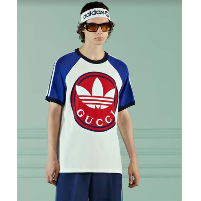 Gucci Men GG Adidas x Gucci Cotton Jersey T-Shirt Ivory Blue Trefoil Print Raglan Sleeves Crewneck