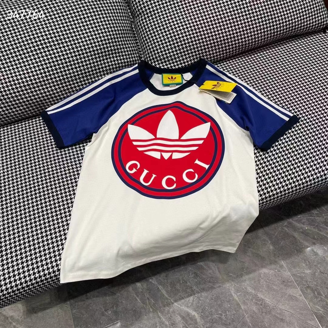 Gucci Women GG Adidas x Gucci Cotton Jersey T-Shirt Ivory Blue Trefoil Print Raglan Sleeves Crewneck