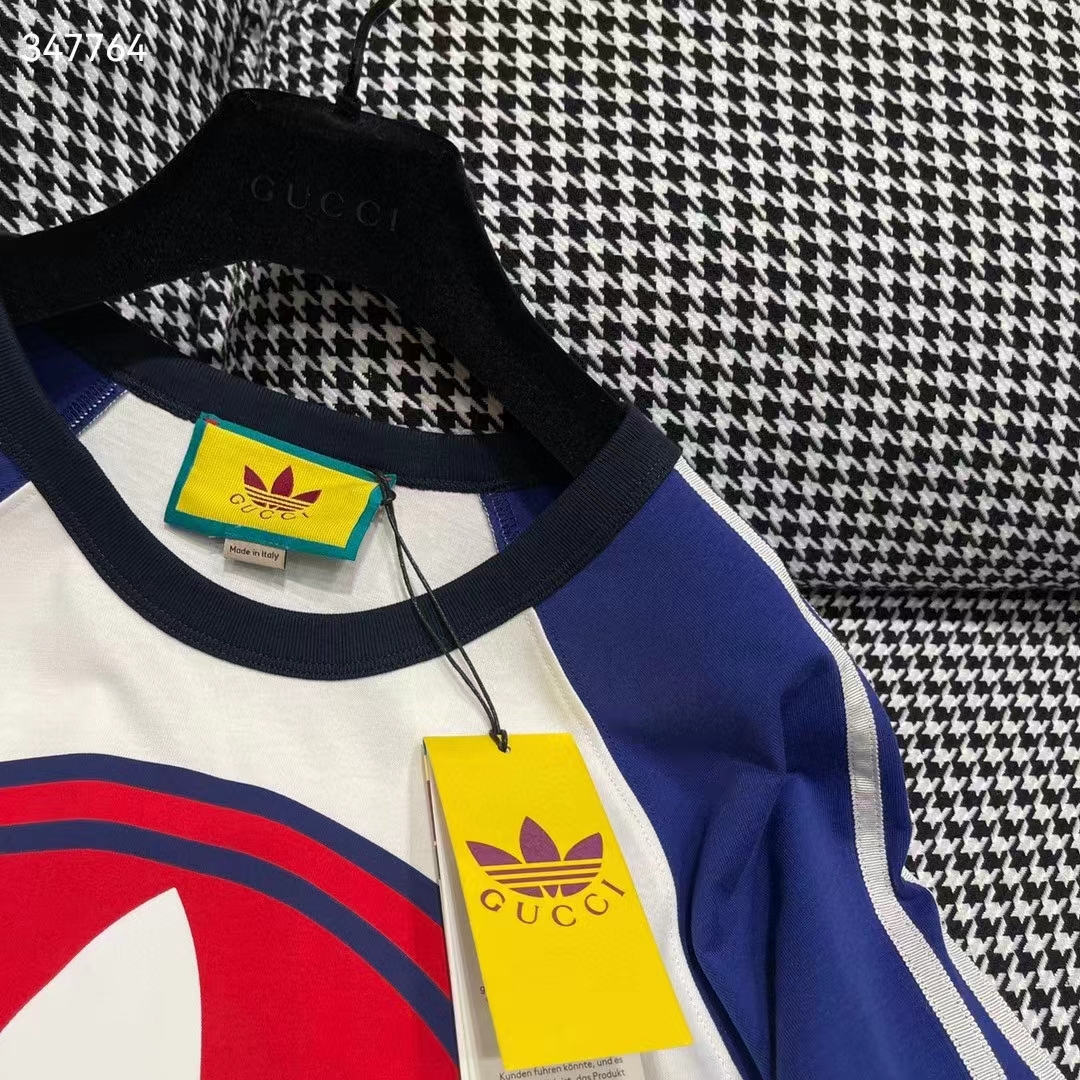 Gucci Women GG Adidas x Gucci Cotton Jersey T-Shirt Ivory Blue Trefoil Print Raglan Sleeves Crewneck