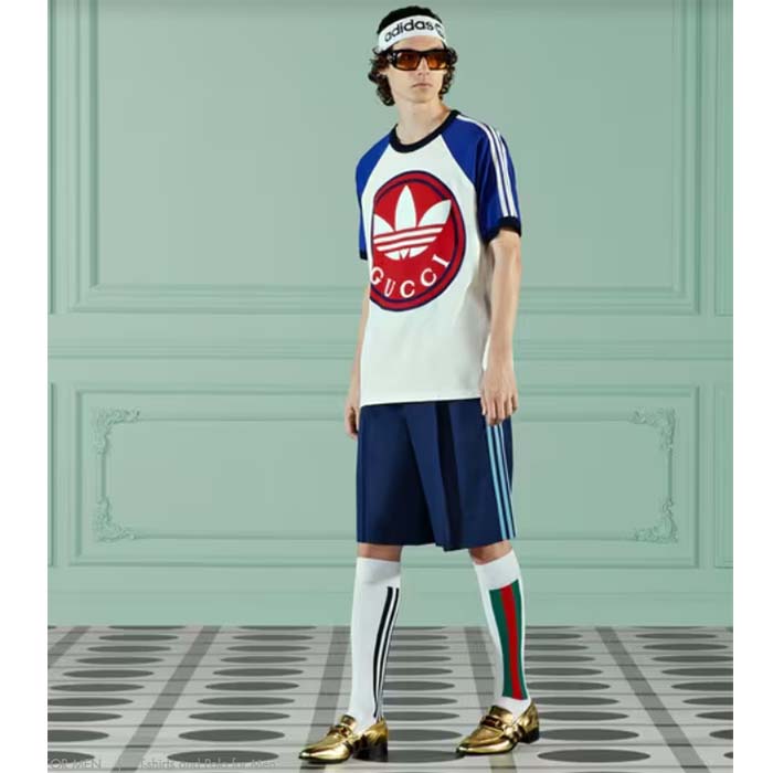 Gucci Men GG Adidas x Gucci Cotton Jersey T-Shirt Ivory Blue Trefoil Print Raglan Sleeves Crewneck