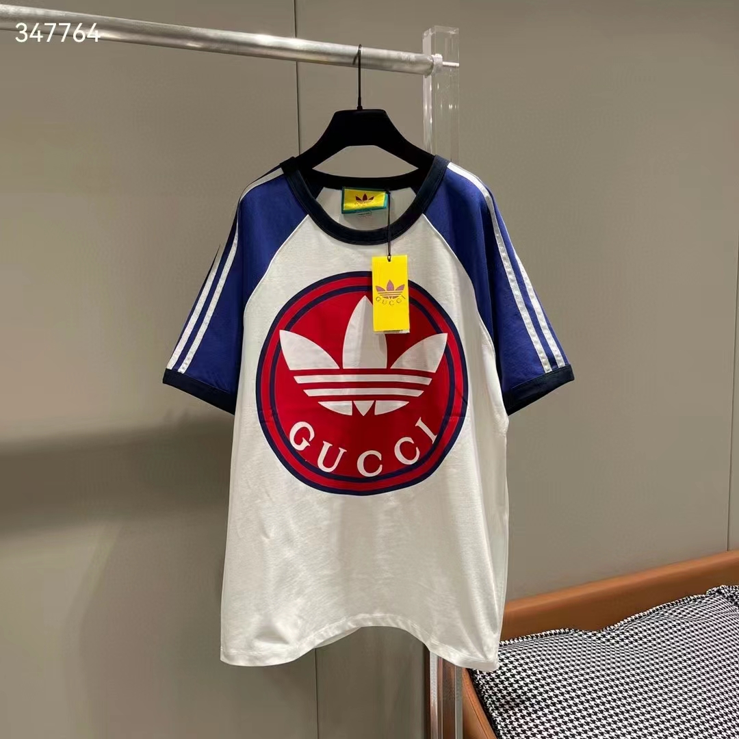 Gucci Women GG Adidas x Gucci Cotton Jersey T-Shirt Ivory Blue Trefoil Print Raglan Sleeves Crewneck