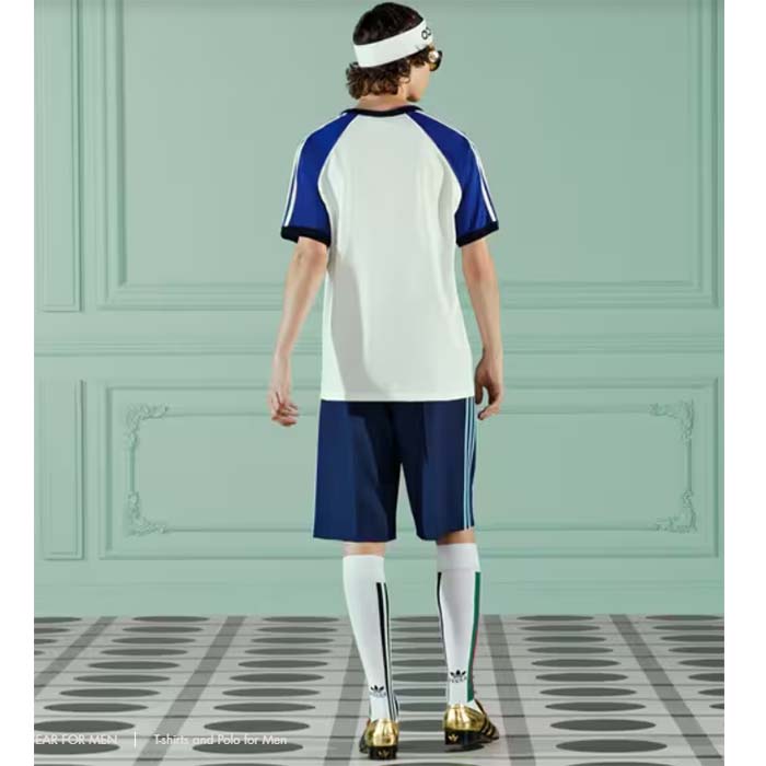 Gucci Men GG Adidas x Gucci Cotton Jersey T-Shirt Ivory Blue Trefoil Print Raglan Sleeves Crewneck