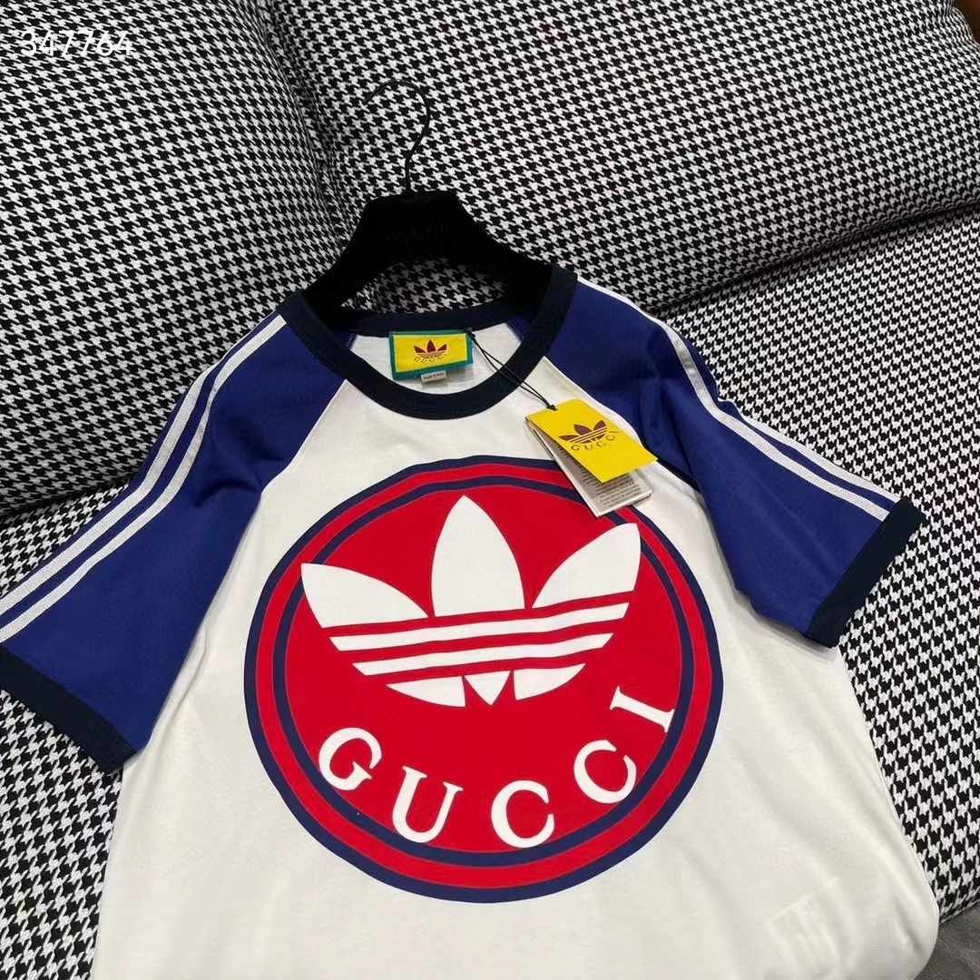 Gucci Women GG Adidas x Gucci Cotton Jersey T-Shirt Ivory Blue Trefoil Print Raglan Sleeves Crewneck