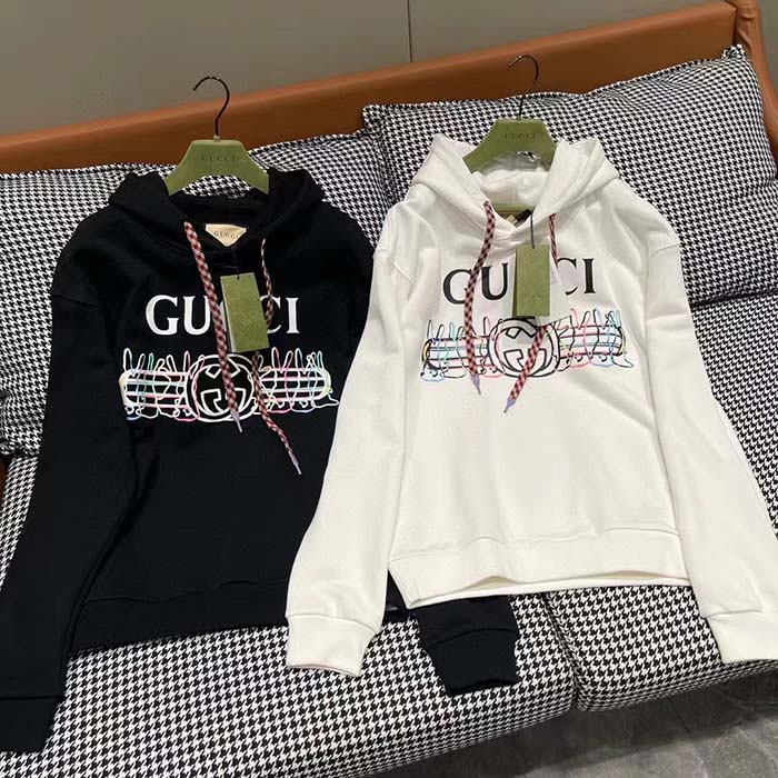 Gucci Women GG Cotton Jersey Sweatshirt Black Felted Long Sleeves Kangaroo Front Pocket