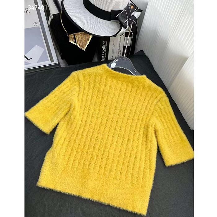 Gucci Men GG Adidas x Gucci Cable Knit Top Yellow Polyamide Trefoil Crewneck Short Sleeves