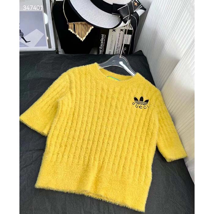 Gucci Men GG Adidas x Gucci Cable Knit Top Yellow Polyamide Trefoil Crewneck Short Sleeves
