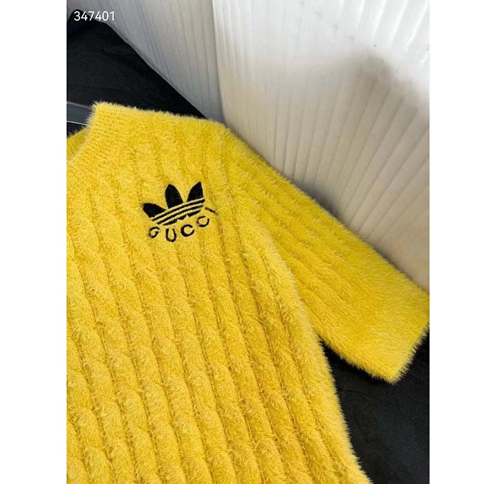 Gucci Men GG Adidas x Gucci Cable Knit Top Yellow Polyamide Trefoil Crewneck Short Sleeves