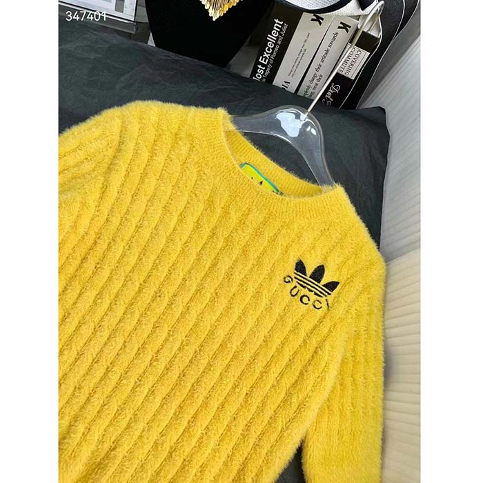Gucci Men GG Adidas x Gucci Cable Knit Top Yellow Polyamide Trefoil Crewneck Short Sleeves