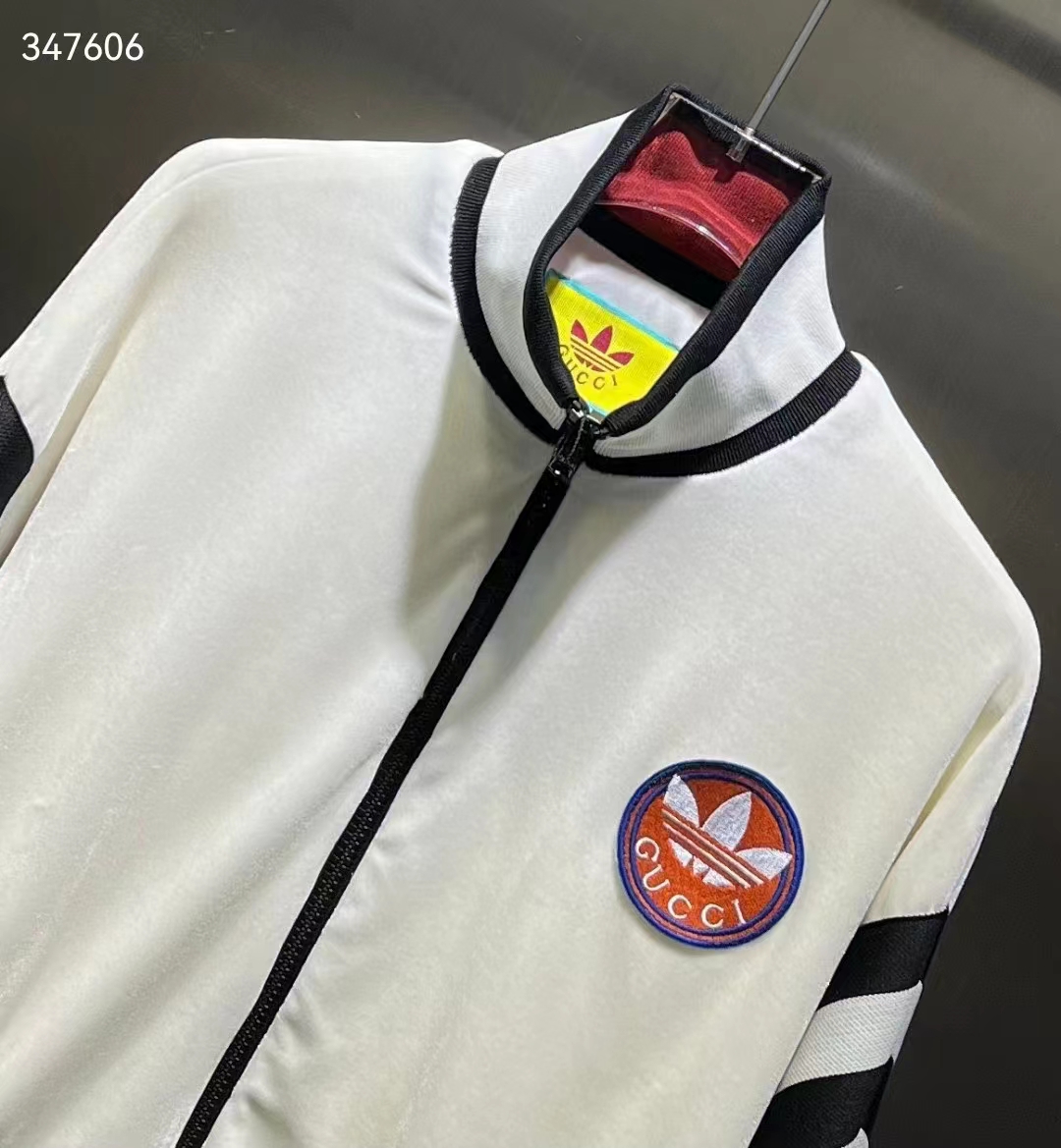 Gucci Men GG Adidas x Gucci Chenille Cropped Jacket Light Beige Cotton Chenille Trefoil