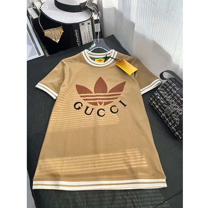Gucci Men GG Adidas x Gucci Cotton T-Shirt Camel Jersey Trefoil Print Crewneck