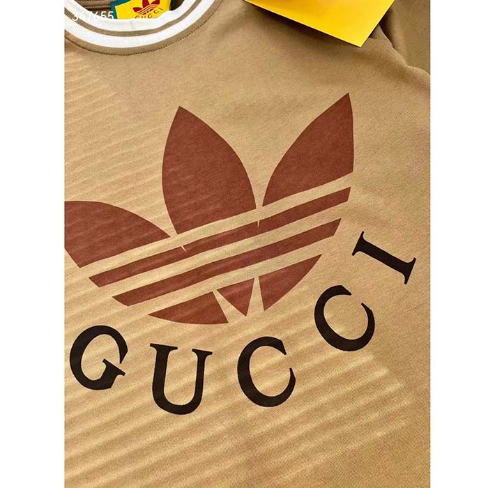 Gucci Men GG Adidas x Gucci Cotton T-Shirt Camel Jersey Trefoil Print Crewneck