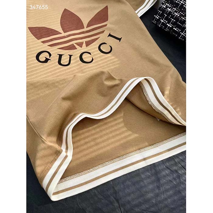 Gucci Men GG Adidas x Gucci Cotton T-Shirt Camel Jersey Trefoil Print Crewneck