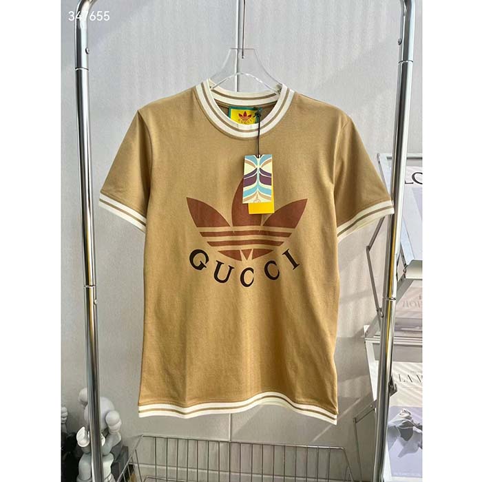 Gucci Men GG Adidas x Gucci Cotton T-Shirt Camel Jersey Trefoil Print Crewneck