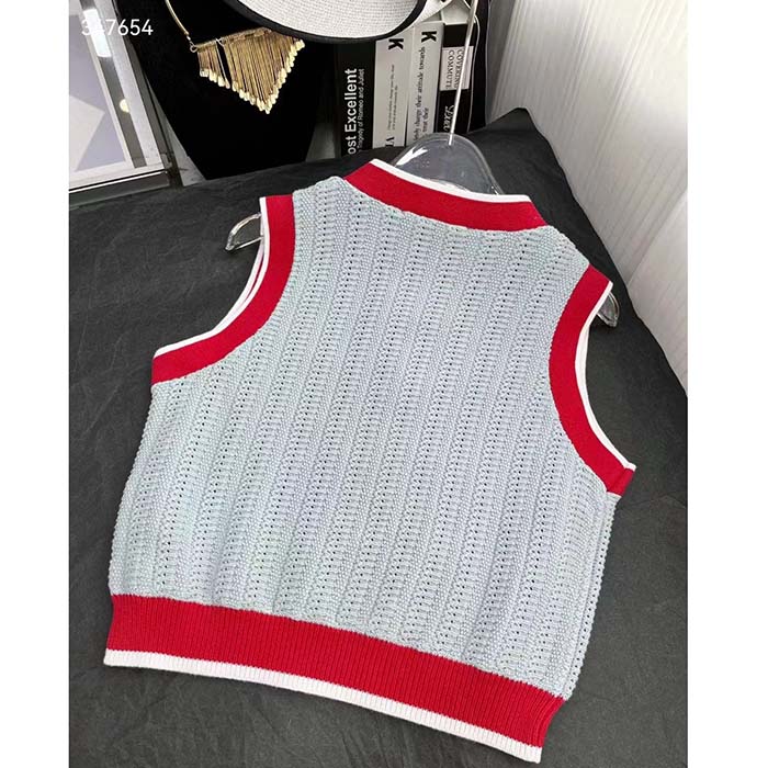 Gucci Men GG Adidas x Gucci Rib Stitch Sleeveless Top Cotton Trefoil Embroidery Knit V-Neck