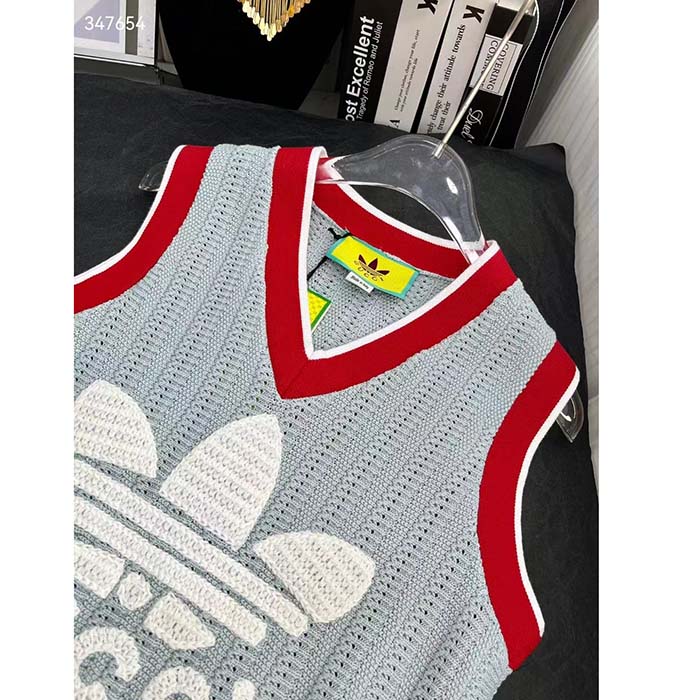 Gucci Women GG Adidas x Gucci Rib Stitch Sleeveless Top Cotton Trefoil Embroidery Knit V-Neck