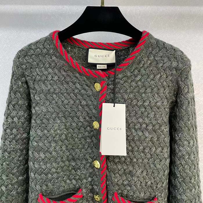Gucci Women GG Cable Knit Wool Jacket Dark Green Cable Knit Wool Green Red Stripe