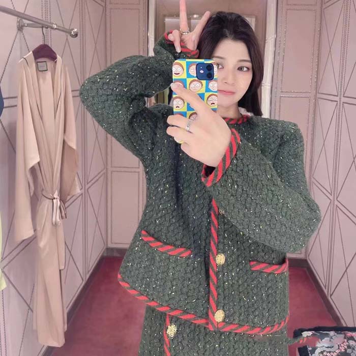Gucci Women GG Cable Knit Wool Jacket Dark Green Cable Knit Wool Green Red Stripe