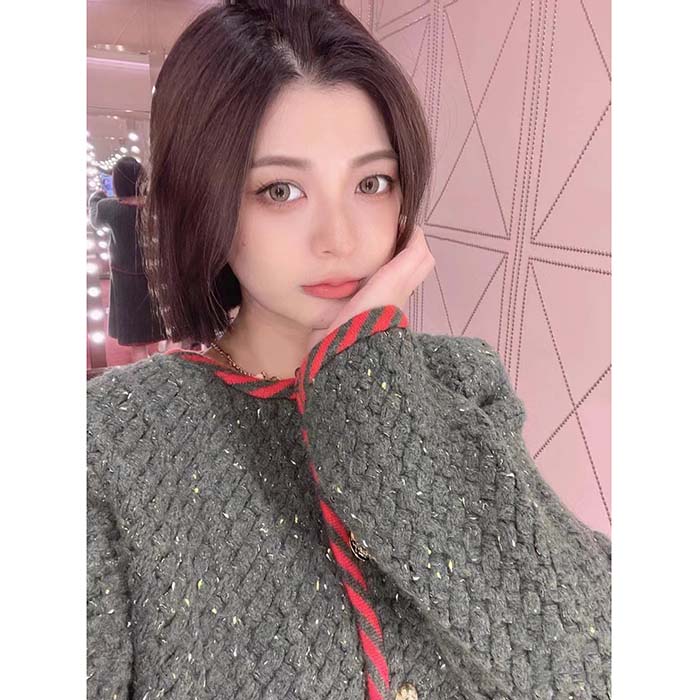Gucci Women GG Cable Knit Wool Jacket Dark Green Cable Knit Wool Green Red Stripe