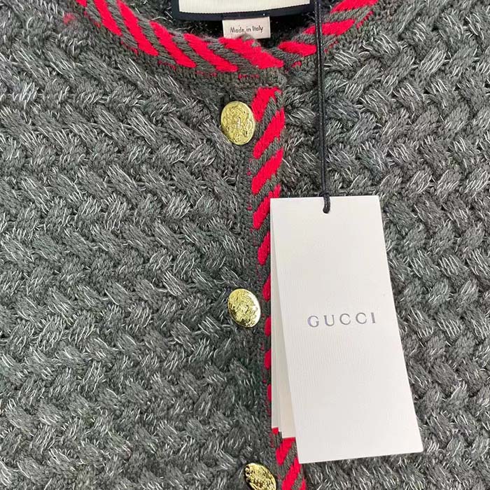 Gucci Women GG Cable Knit Wool Jacket Dark Green Cable Knit Wool Green Red Stripe