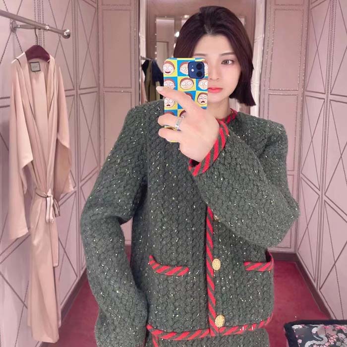 Gucci Women GG Cable Knit Wool Jacket Dark Green Cable Knit Wool Green Red Stripe