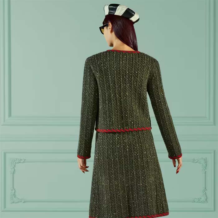 Gucci Women GG Cable Knit Wool Jacket Dark Green Cable Knit Wool Green Red Stripe