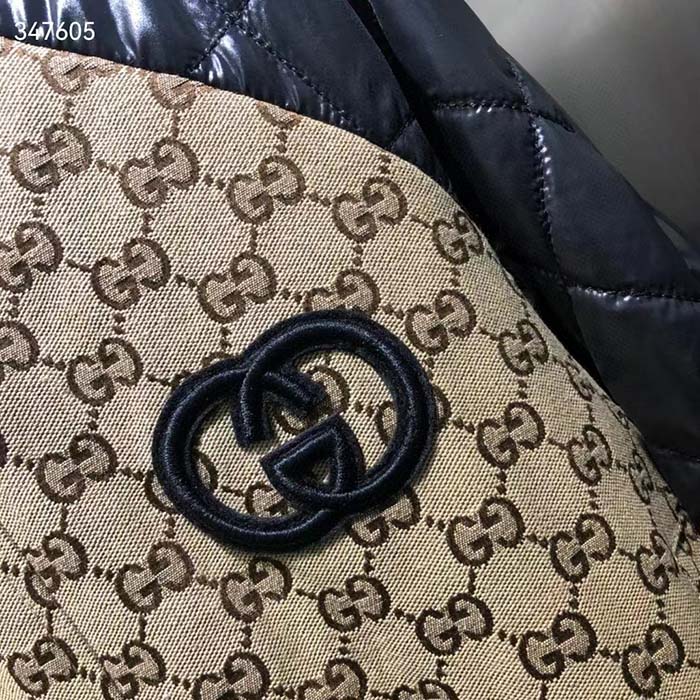Gucci Women GG Canvas Nylon Zip Jacket Beige Ebony Black Quilted High Neck