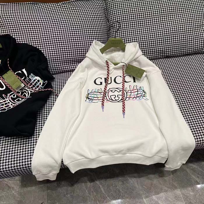 Gucci Women GG Logo Bunny Print Hooded Cotton Sweatshirt Off White Cotton Jersey