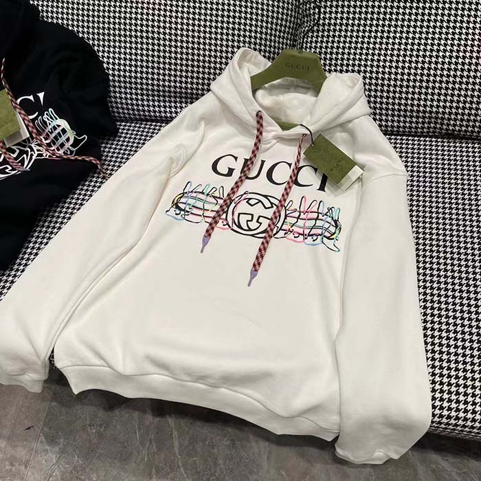 Gucci Women GG Logo Bunny Print Hooded Cotton Sweatshirt Off White Cotton Jersey