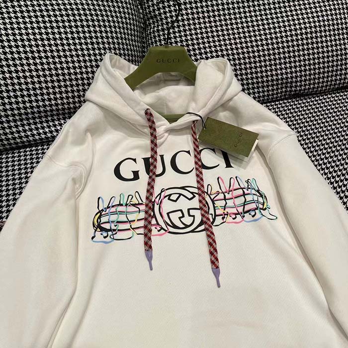 Gucci Men GG Logo Bunny Print Hooded Cotton Sweatshirt Off White Cotton Jersey