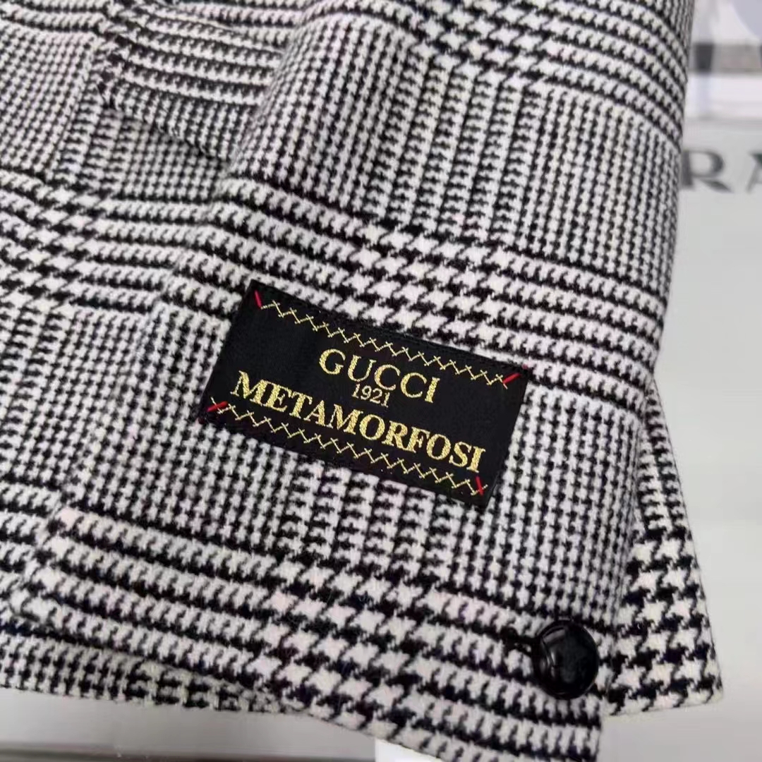 Gucci Men GG Prince Wales Check Jacket Black White Long Sleeves Flap Pockets