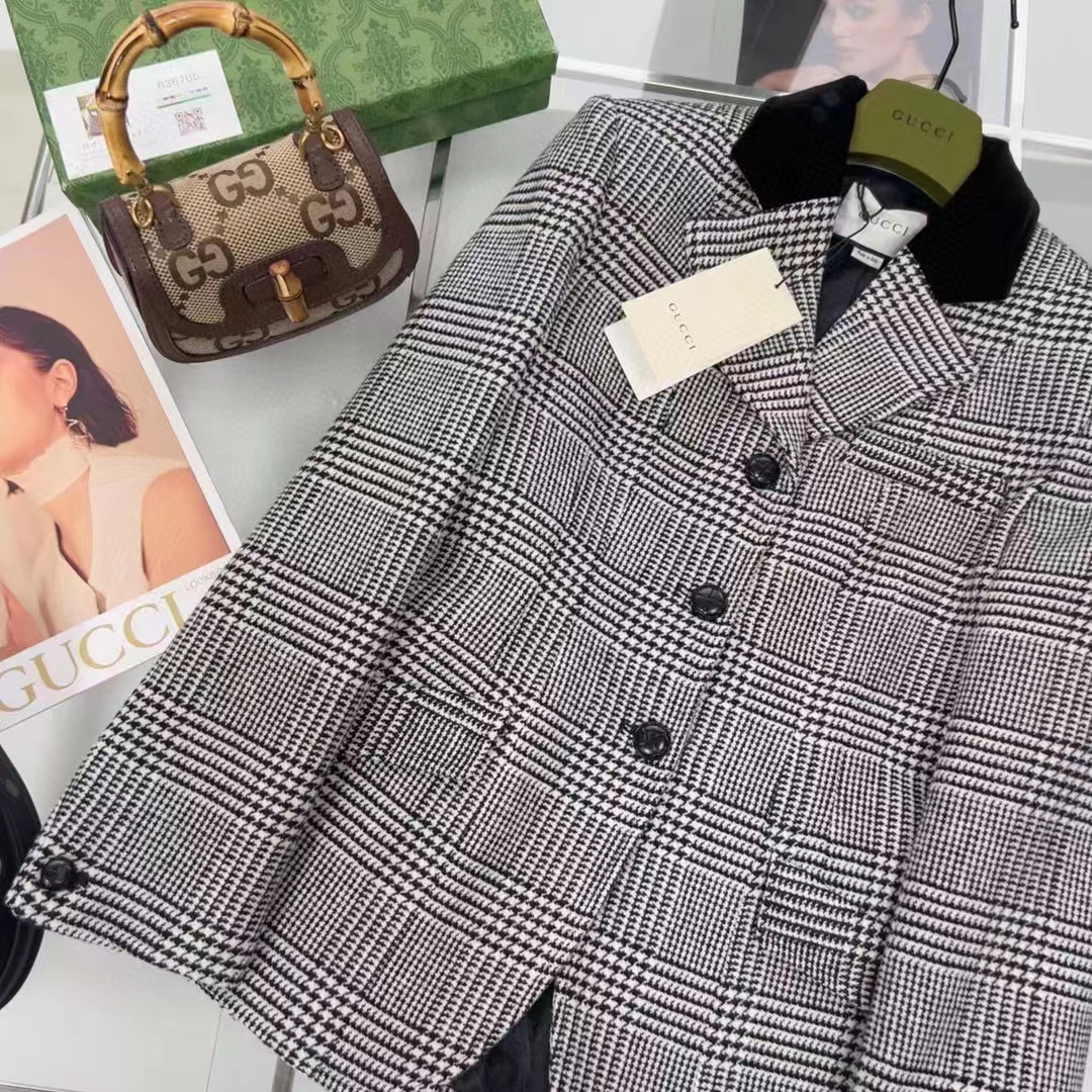 Gucci Men GG Prince Wales Check Jacket Black White Long Sleeves Flap Pockets