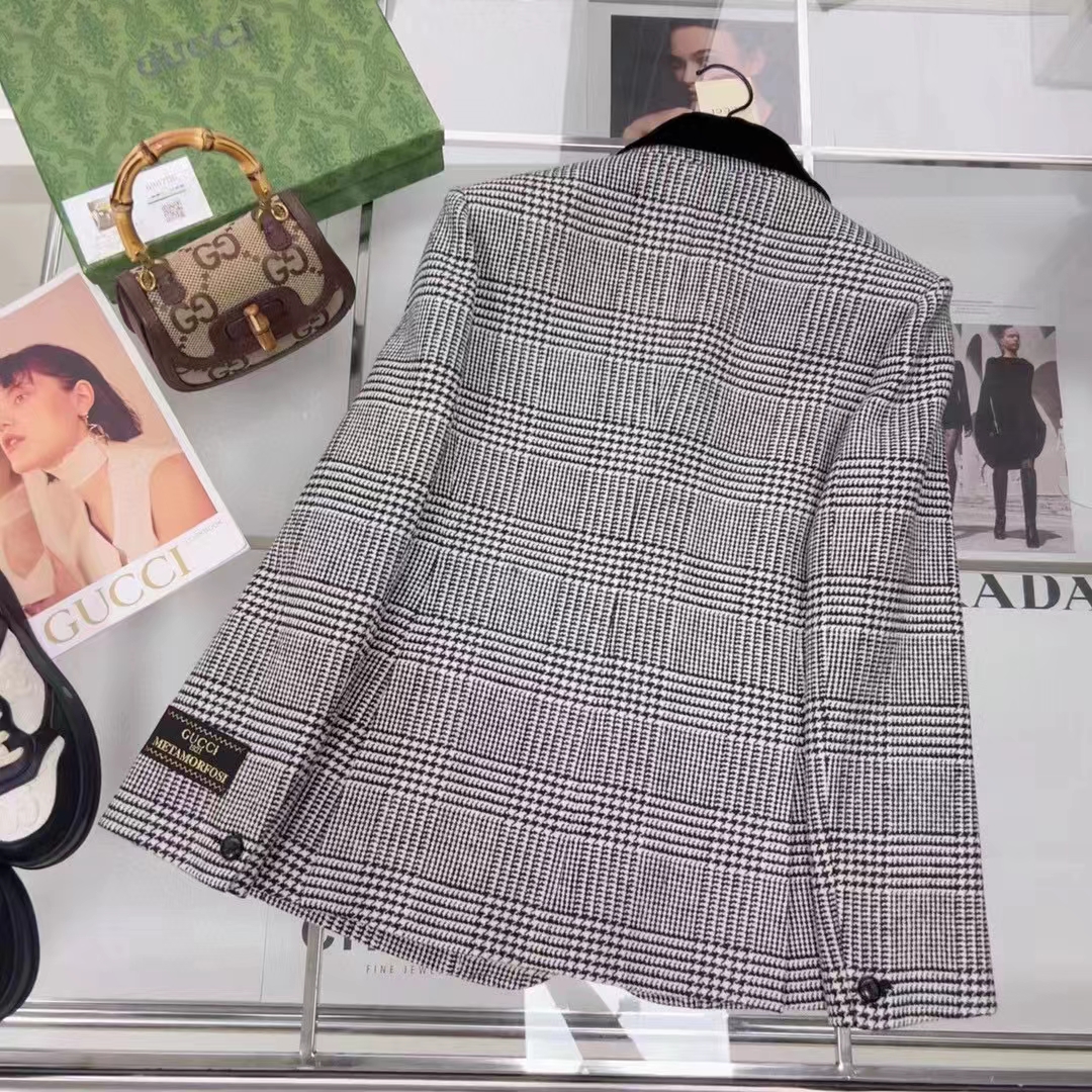 Gucci Men GG Prince Wales Check Jacket Black White Long Sleeves Flap Pockets