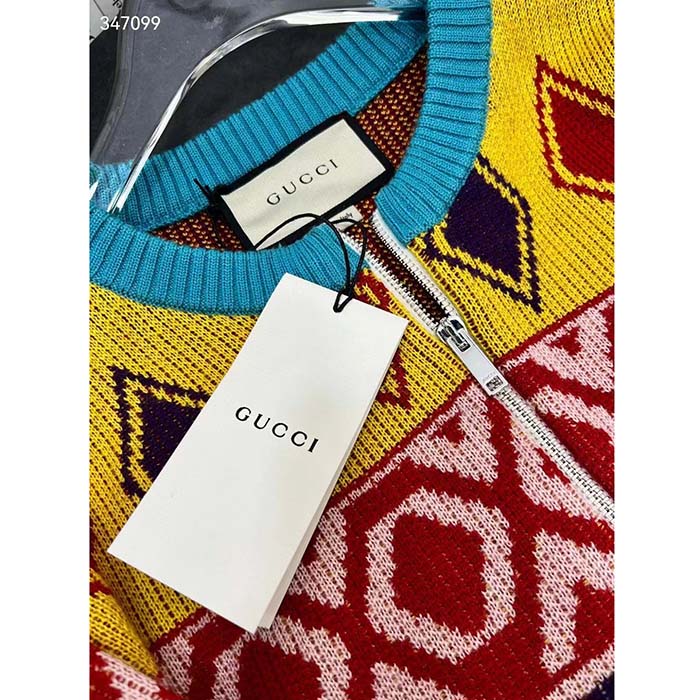 Gucci Women GG Wool Jacquard Zip Jacket Multicolor Geometric Motif Wool Bunny Label