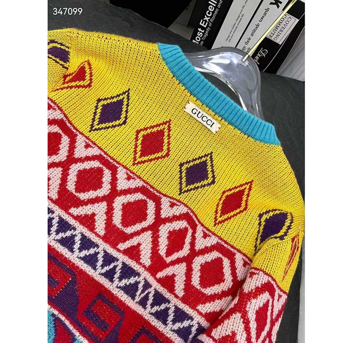Gucci Women GG Wool Jacquard Zip Jacket Multicolor Geometric Motif Wool Bunny Label