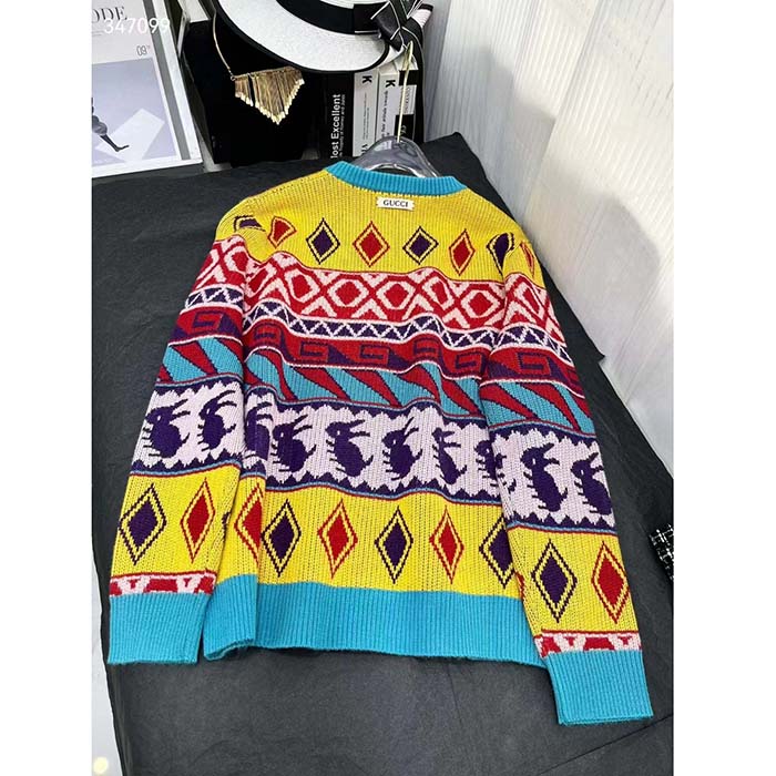 Gucci Women GG Wool Jacquard Zip Jacket Multicolor Geometric Motif Wool Bunny Label