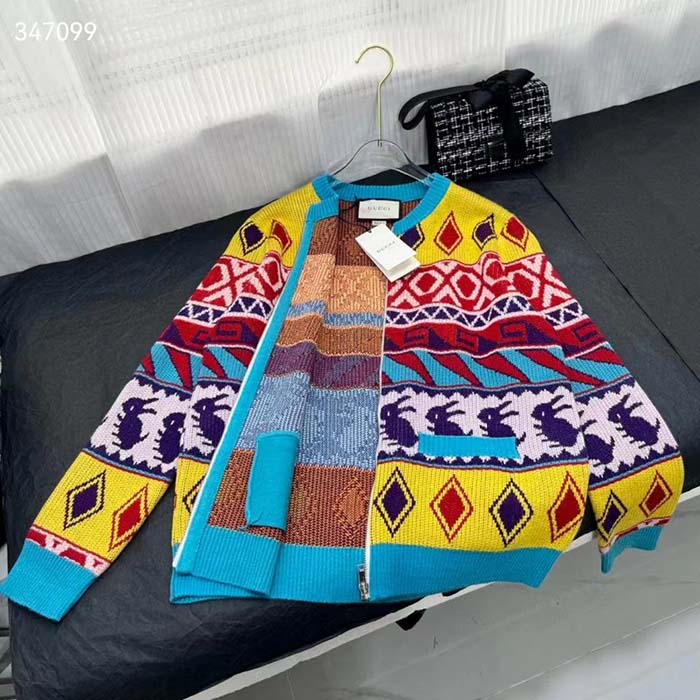 Gucci Women GG Wool Jacquard Zip Jacket Multicolor Geometric Motif Wool Bunny Label